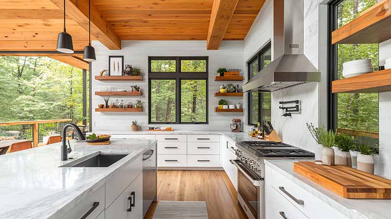 “Family-friendly custom kitchen layout with open-plan dining and integrated appliances”