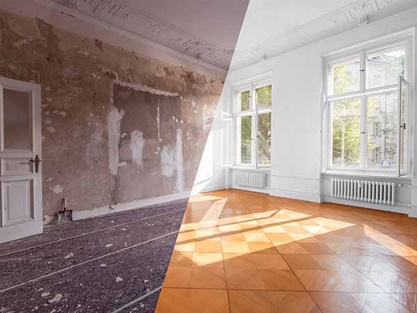 split image showing home renovation of living room